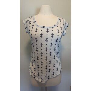 Womens White Anchor Print T-Shirt With Navy Anchors By WF Large Nautical